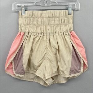 Free People Shorts Womens Small Movement High-Rise Smocked Waist Tan Colorblock